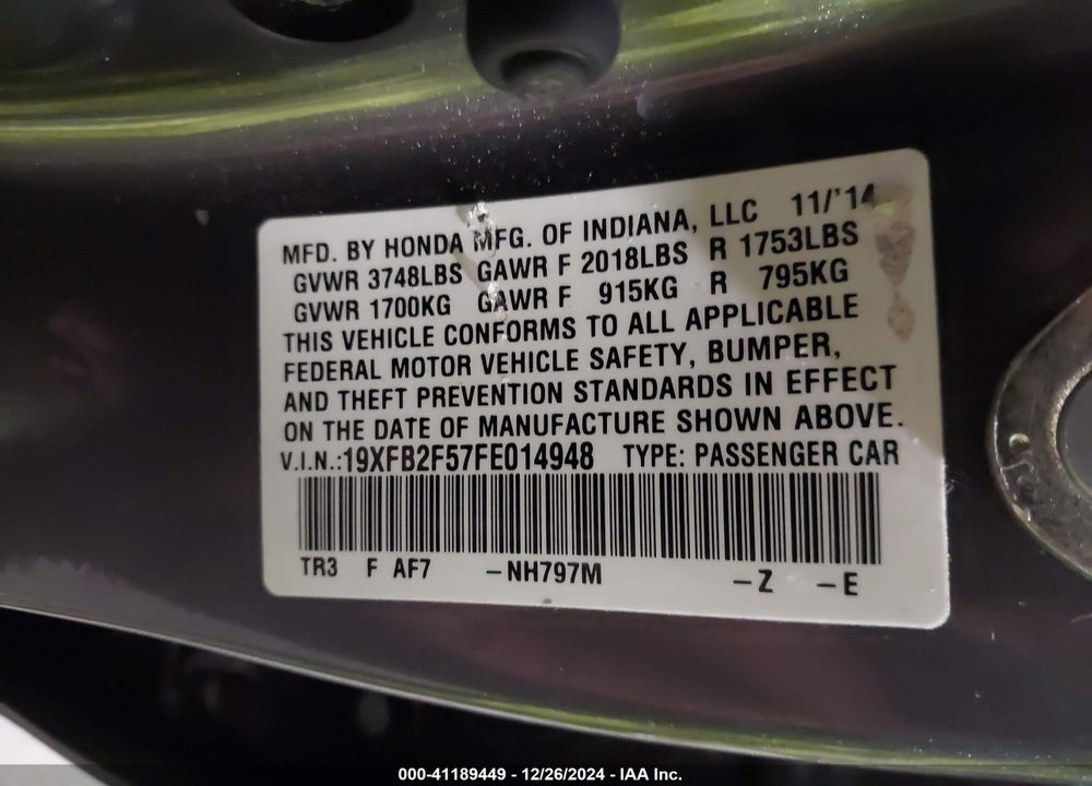 2015 HONDA CIVIC VIN: 19XFB2F57FE014948