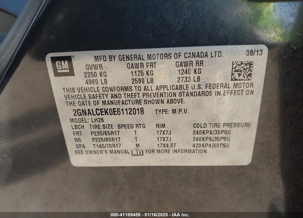 2014 CHEVROLET EQUINOX 2LT VIN: 2GNALCEK0E6112018