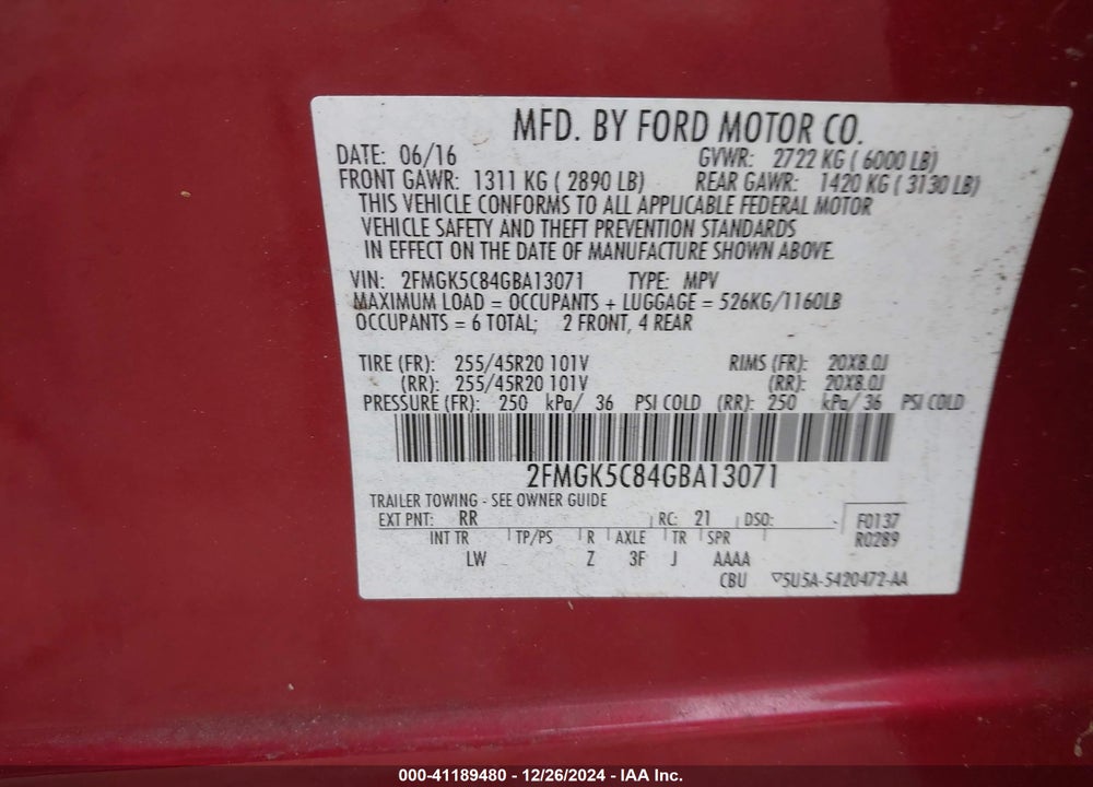 2016 FORD FLEX SEL VIN: 2FMGK5C84GBA13071