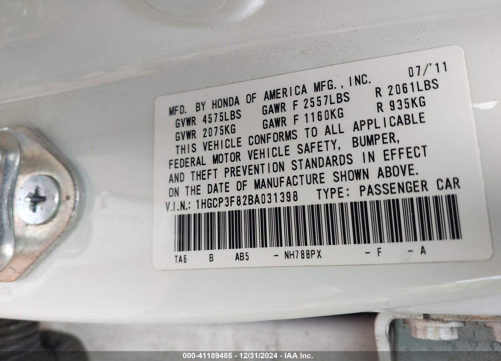 2011 HONDA ACCORD 3.5 EX-L VIN: 1HGCP3F82BA031398