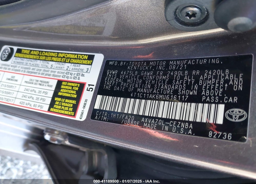 2021 TOYOTA CAMRY LE VIN: 4T1C11AK6MU616117