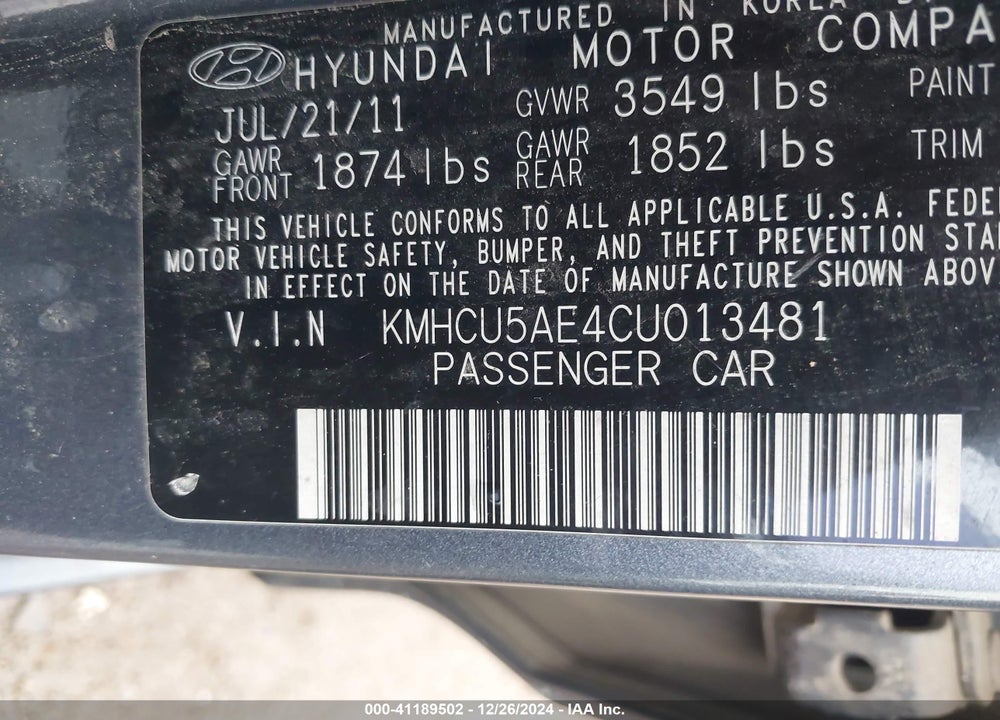 2012 HYUNDAI ACCENT SE VIN: KMHCU5AE4CU013481