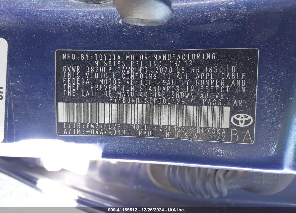 2014 TOYOTA COROLLA L/LE/LE PLS/PRM/S/S PLS VIN: 5YFBURHE5EP006438