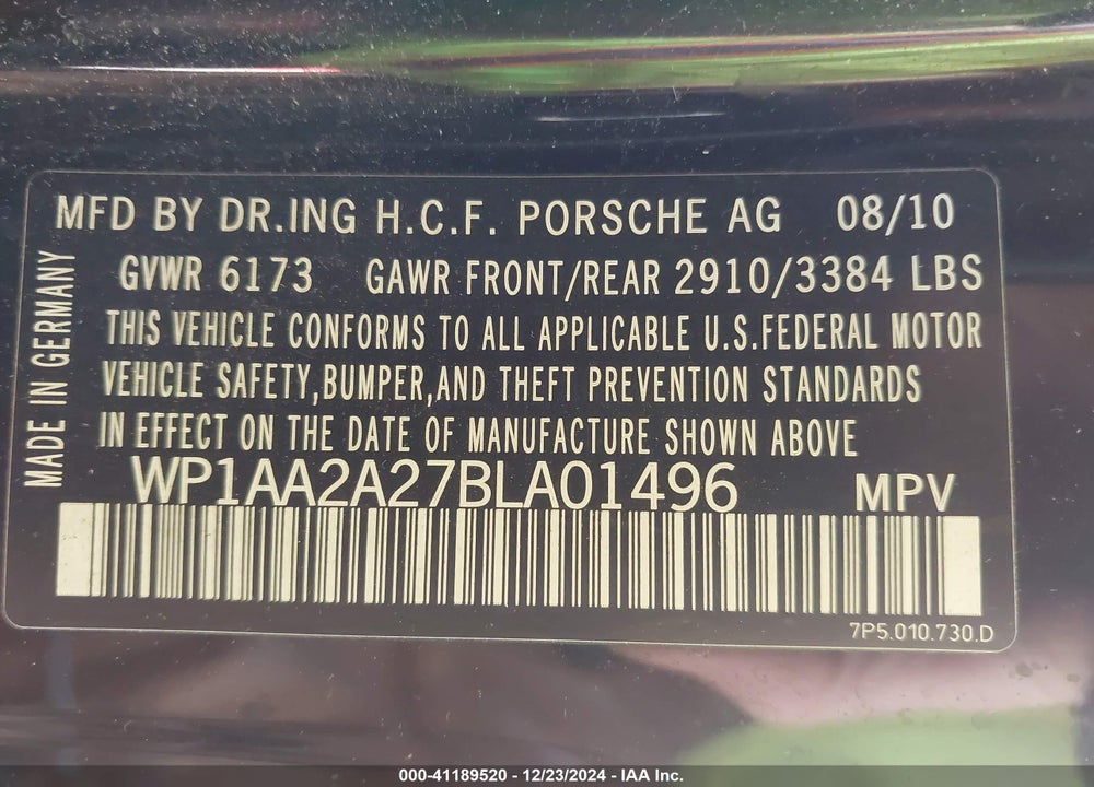 2011 PORSCHE CAYENNE VIN: WP1AA2A27BLA01496