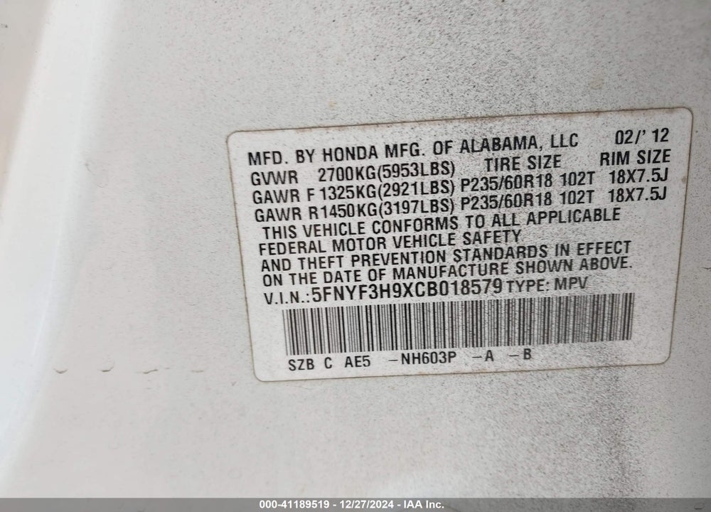 2012 HONDA PILOT VIN: 5FNYF3H9XCB018579