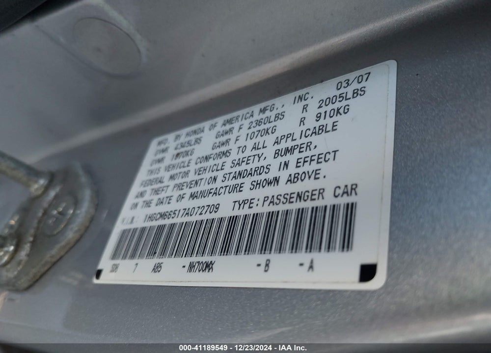 2007 HONDA ACCORD 3.0 EX VIN: 1HGCM66517A072709