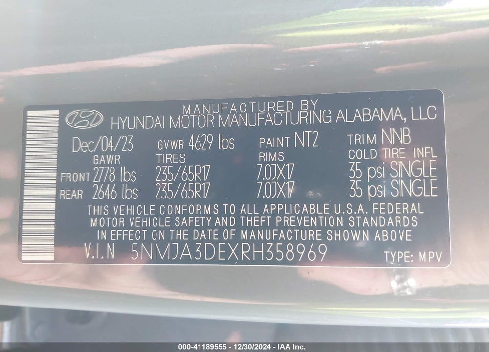 2024 HYUNDAI TUCSON SE VIN: 5NMJA3DEXRH358969
