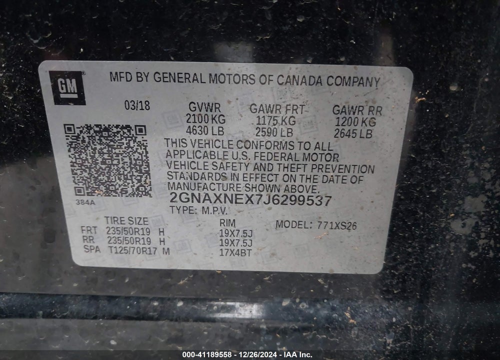 2018 CHEVROLET EQUINOX PREMIER VIN: 2GNAXNEX7J6299537