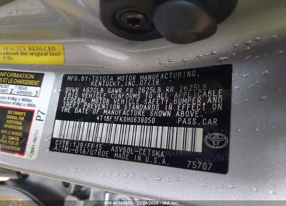 2017 TOYOTA CAMRY VIN: 4T1BF1FK6HU638050