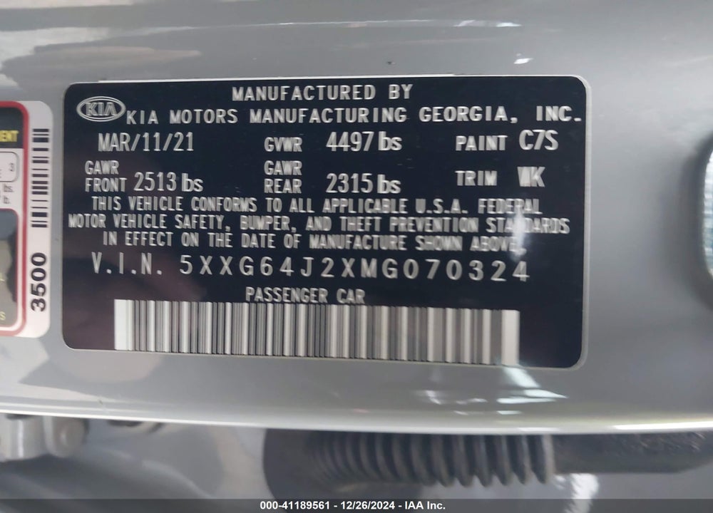 2021 KIA K5 VIN: 5XXG64J2XMG070324