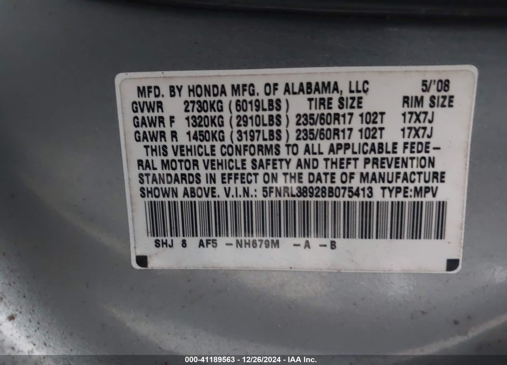 2008 HONDA ODYSSEY TOURING VIN: 5FNRL38928B075413