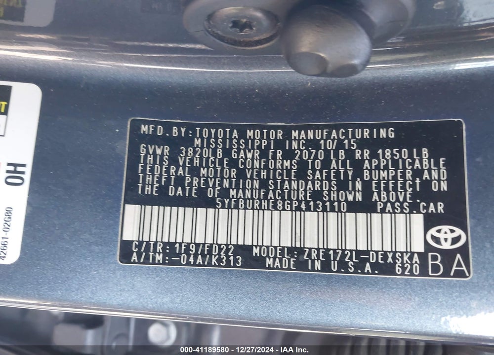 2016 TOYOTA COROLLA S PLUS VIN: 5YFBURHE8GP413110