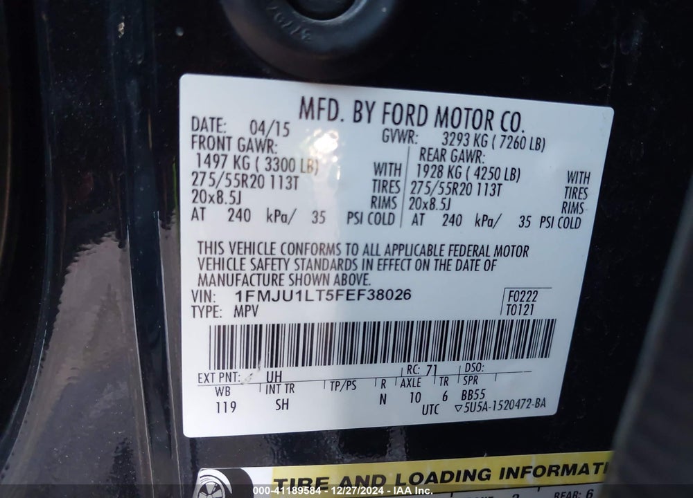 2015 FORD EXPEDITION VIN: 1FMJU1LT5FEF38026