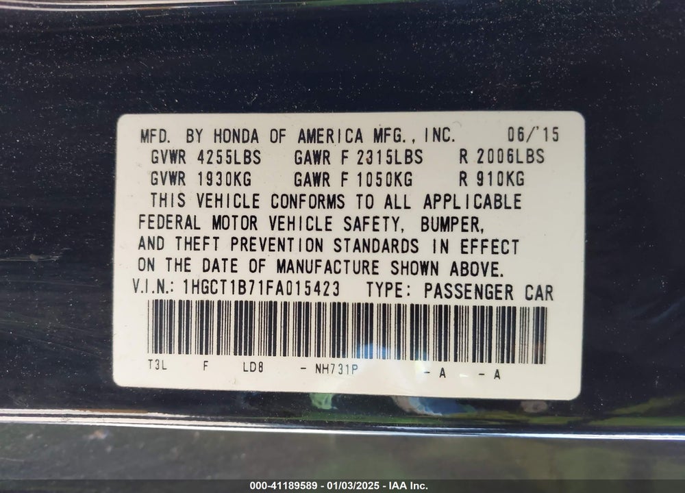 2015 HONDA ACCORD EX VIN: 1HGCT1B71FA015423