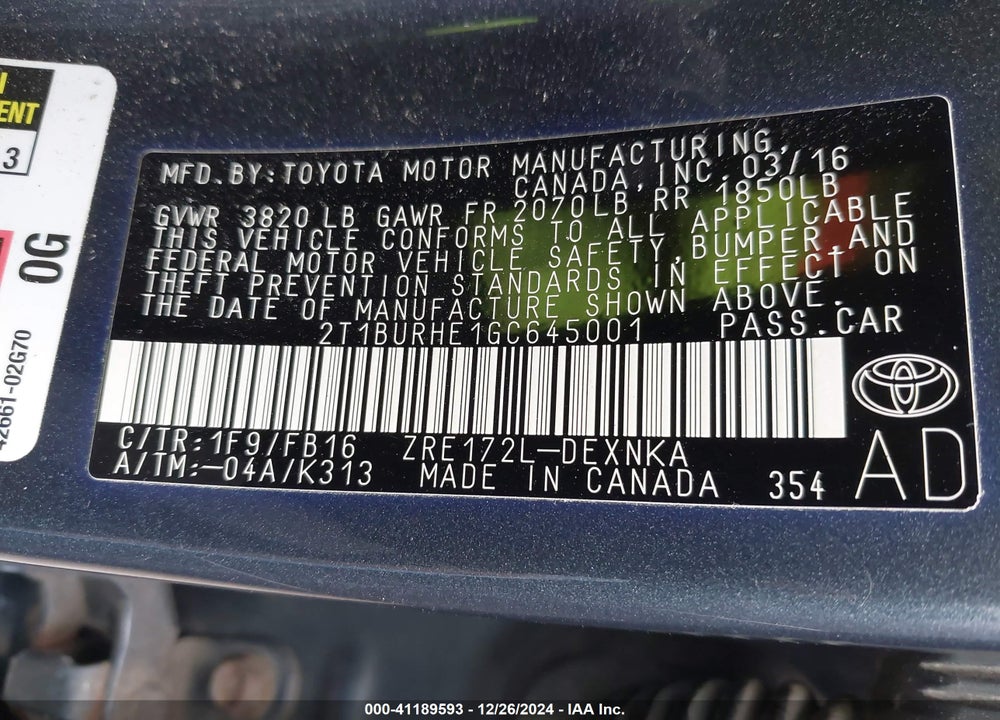 2016 TOYOTA COROLLA VIN: 2T1BURHE1GC645001