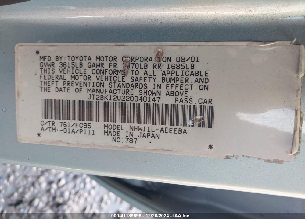 2002 TOYOTA PRIUS VIN: JT2BK12U220040147