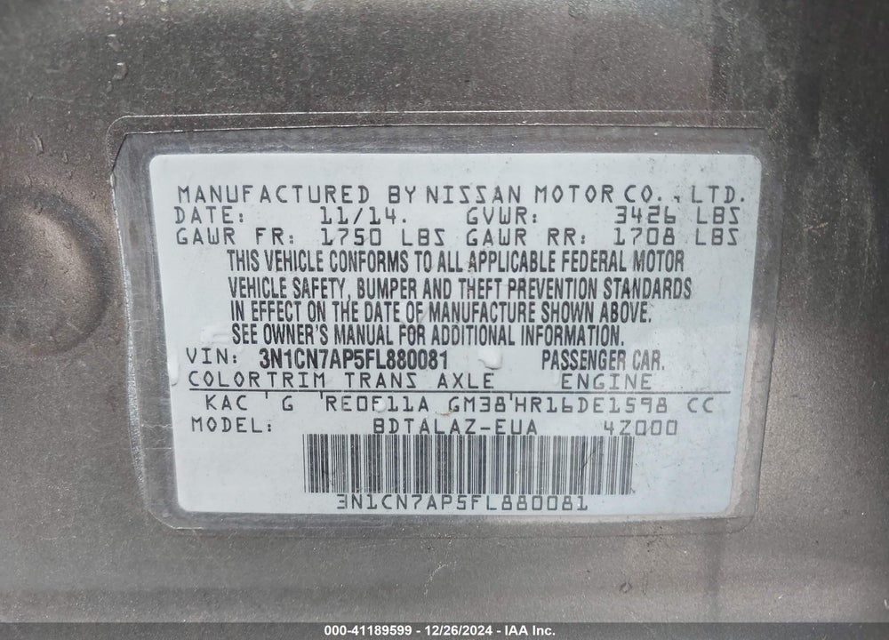 2015 NISSAN VERSA 1.6 S+ VIN: 3N1CN7AP5FL880081