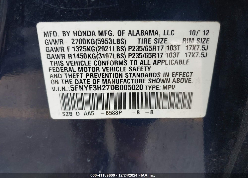 2013 HONDA PILOT LX VIN: 5FNYF3H27DB005020