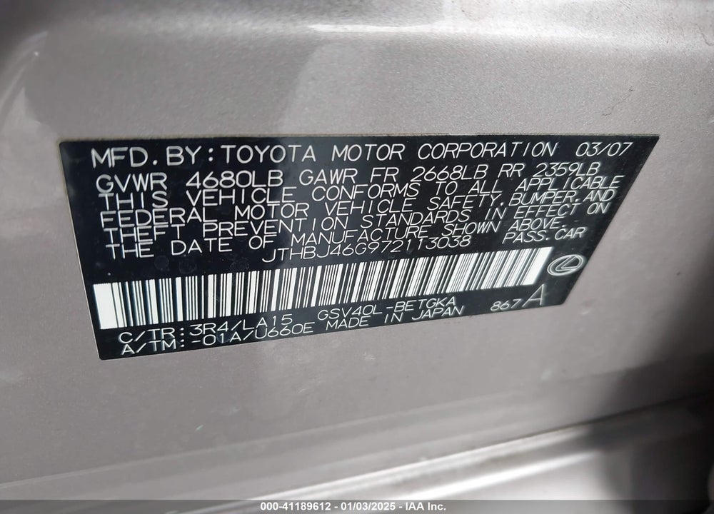 2007 LEXUS ES 350 VIN: JTHBJ46G972113038