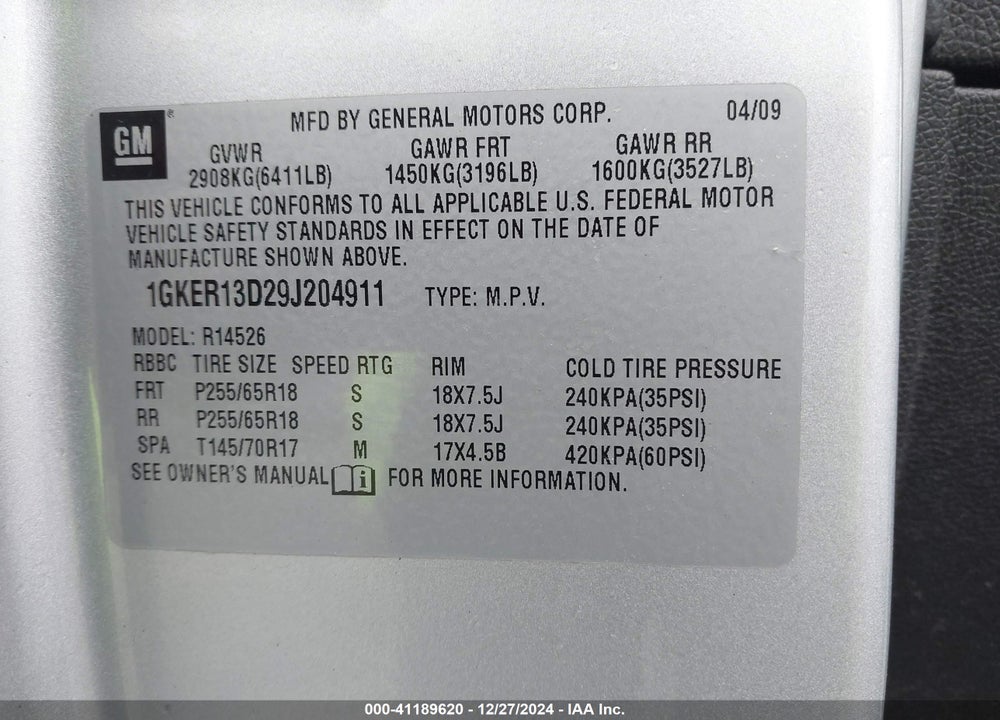 2009 GMC ACADIA VIN: 1GKER13D29J204911