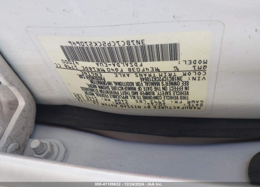 2012 NISSAN VERSA VIN: 3N1BC1CP2CK210646