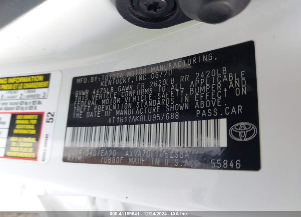 2020 TOYOTA CAMRY VIN: 4T1G11AK0LU957688