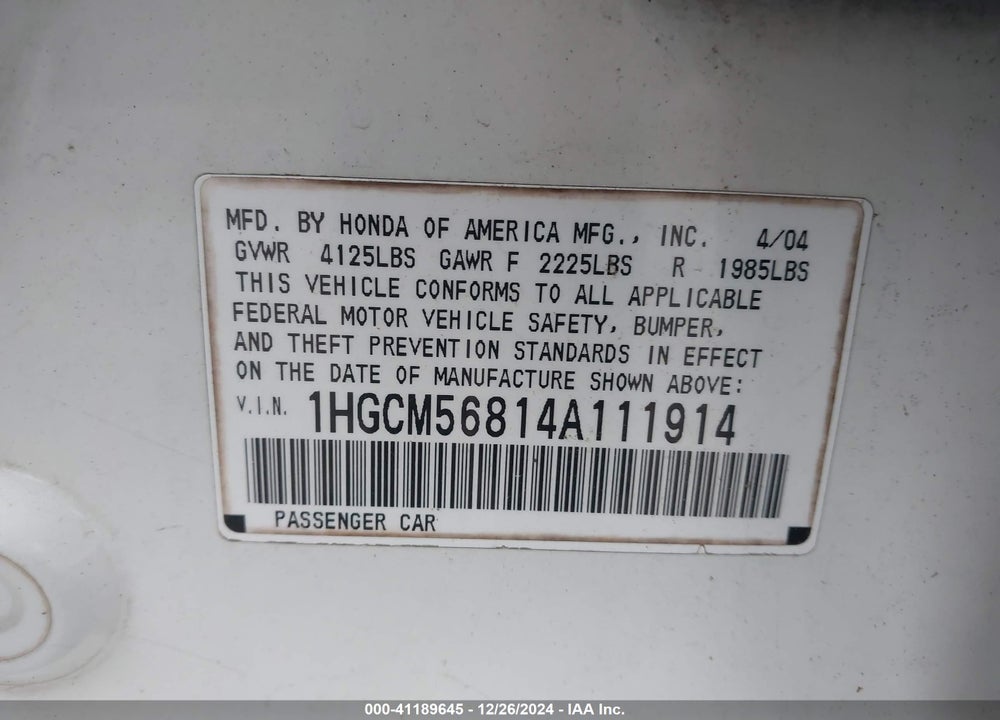 2004 HONDA ACCORD 2.4 EX VIN: 1HGCM56814A111914