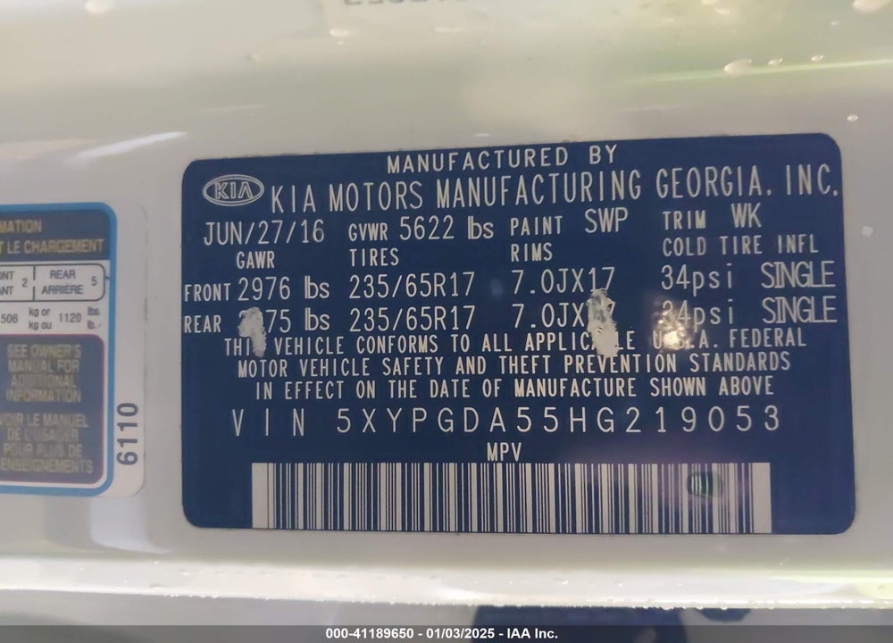 2017 KIA SORENTO 3.3L LX VIN: 5XYPGDA55HG219053