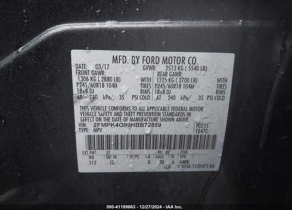 2017 FORD EDGE SE VIN: 2FMPK4G99HBB72859