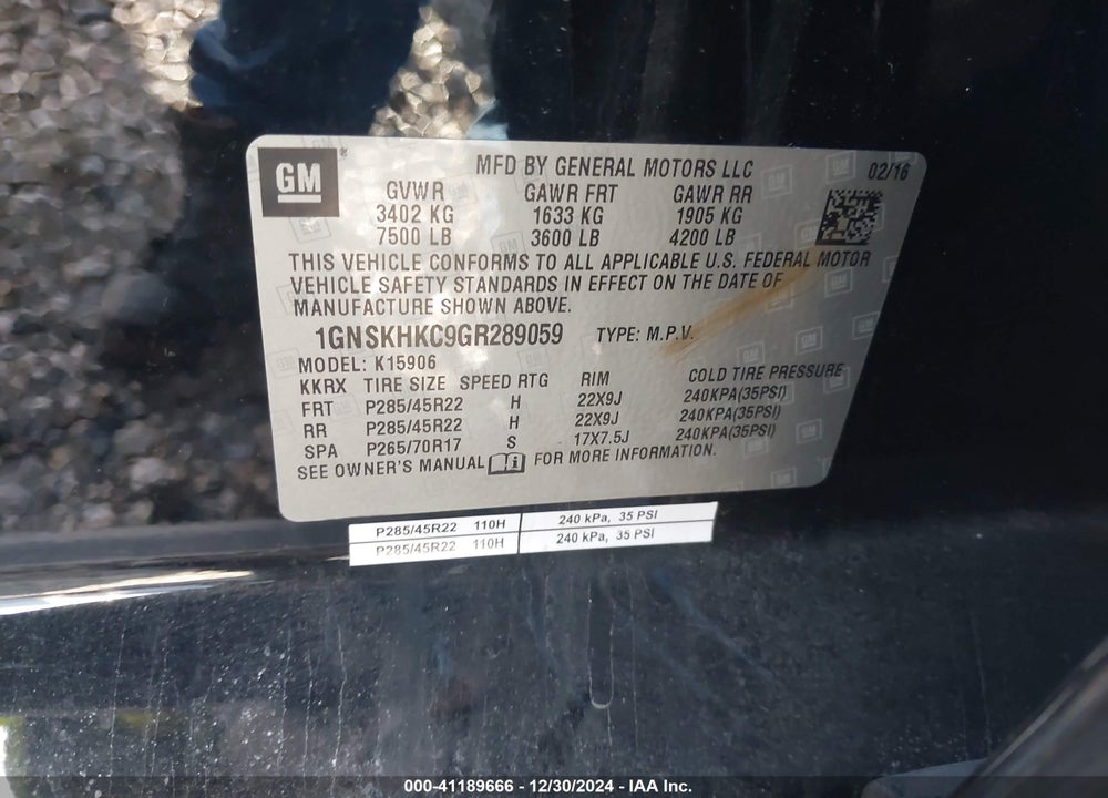2016 CHEVROLET SUBURBAN LT VIN: 1GNSKHKC9GR289059