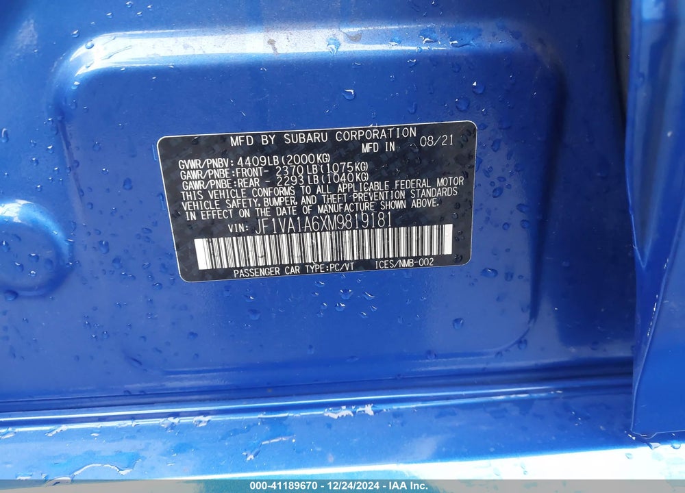2021 SUBARU WRX VIN: JF1VA1A6XM9819181