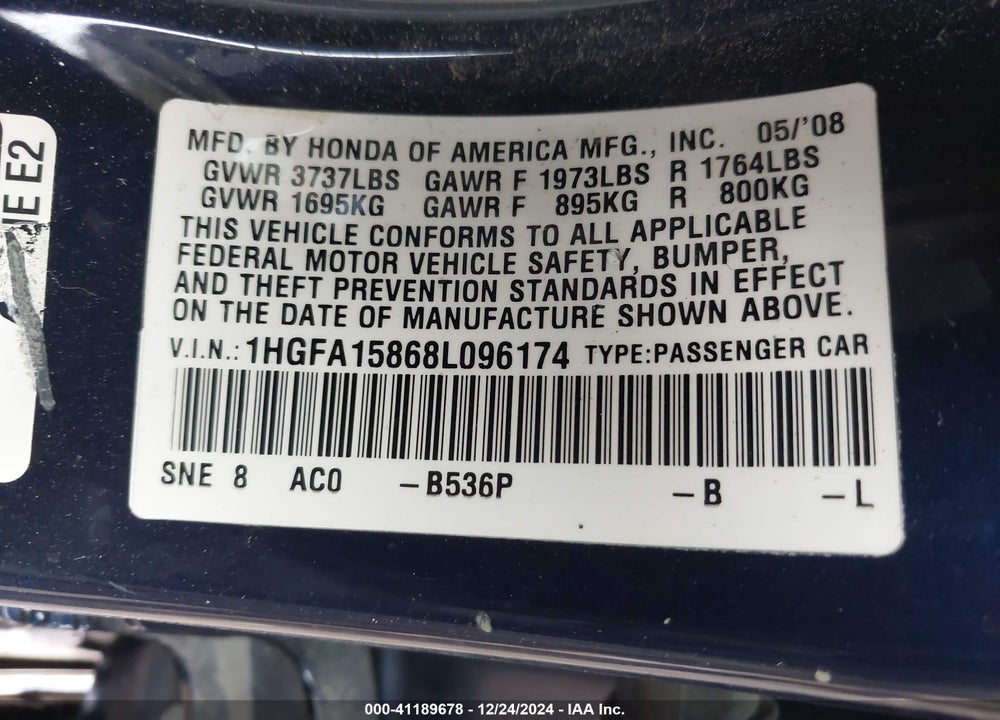 2008 HONDA CIVIC VIN: 1HGFA15868L096174