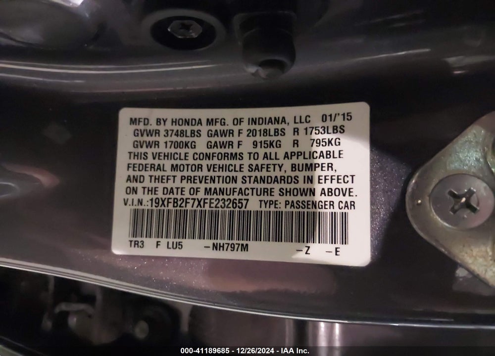2015 HONDA CIVIC SE VIN: 19XFB2F7XFE232657