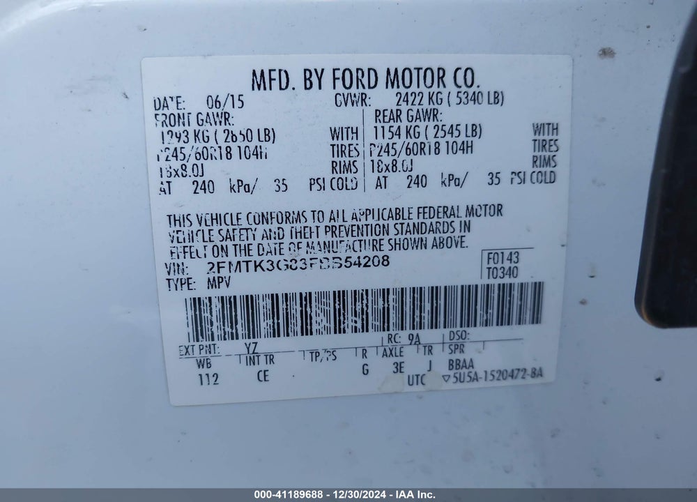 2015 FORD EDGE SE VIN: 2FMTK3G83FBB54208