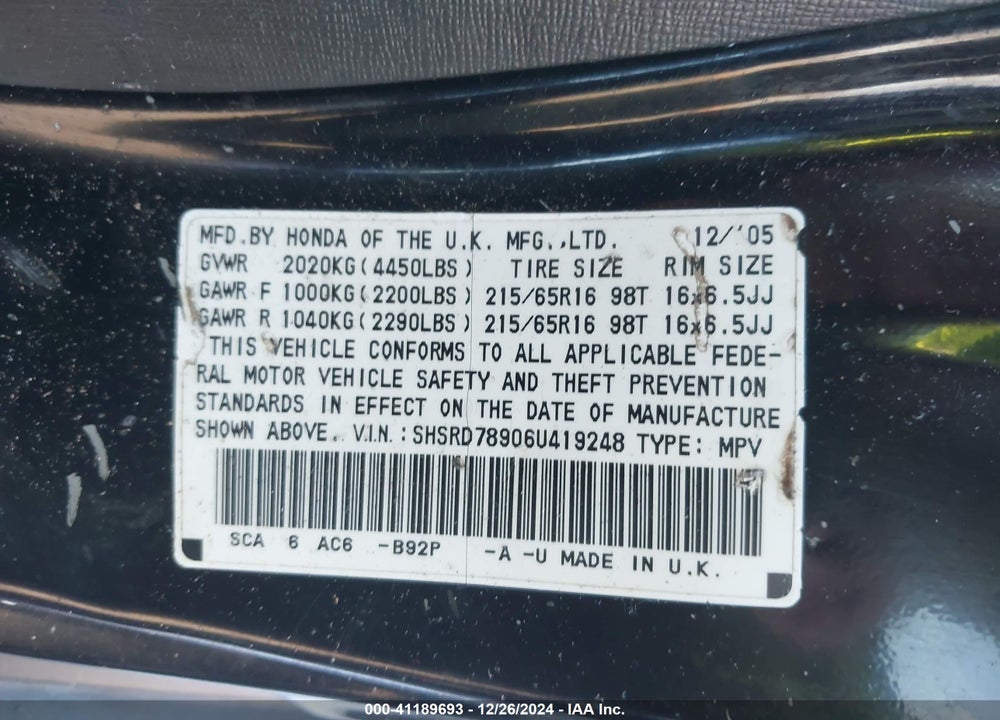 2006 HONDA CR-V SE VIN: SHSRD78906U419248