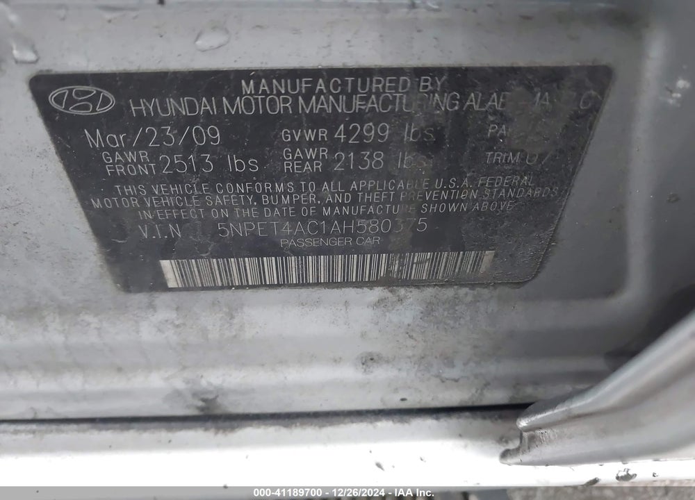 2010 HYUNDAI SONATA GLS VIN: 5NPET4AC1AH580375