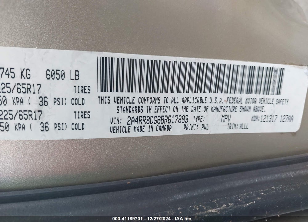2011 CHRYSLER TOWN & COUNTRY TOURING-L VIN: 2A4RR8DG6BR617893