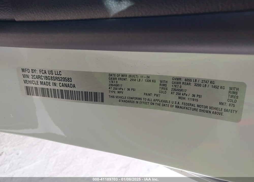 2025 CHRYSLER PACIFICA SELECT VIN: 2C4RC1BG8SR520583
