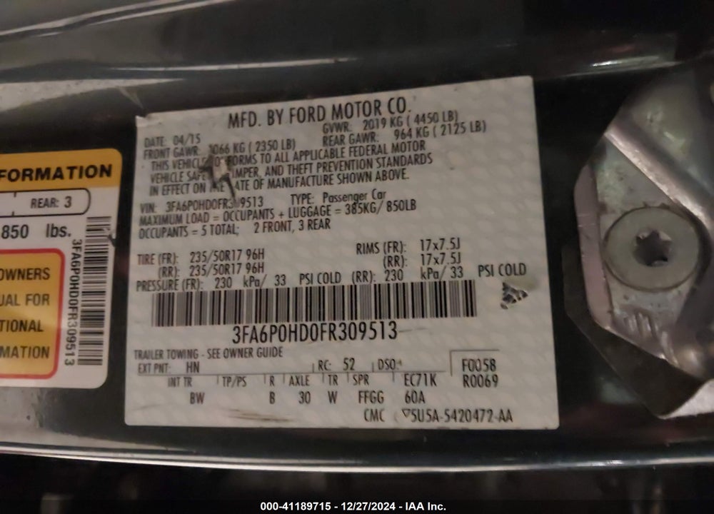 2015 FORD FUSION SE VIN: 3FA6P0HD0FR309513