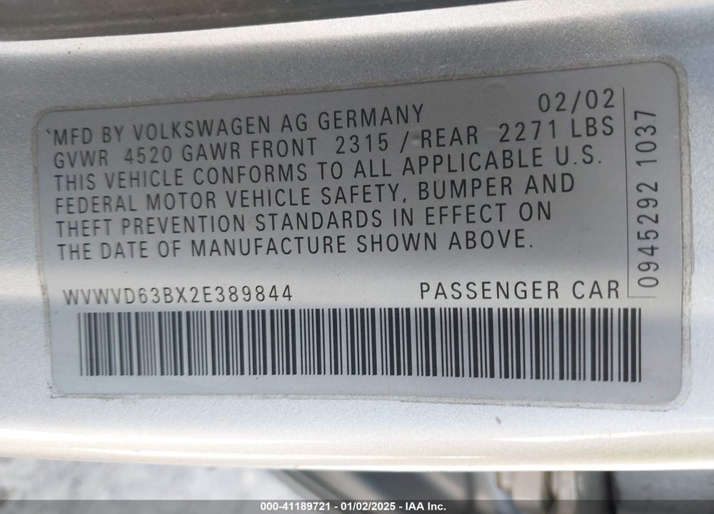 2002 VOLKSWAGEN PASSAT GLS VIN: WVWVD63BX2E389844