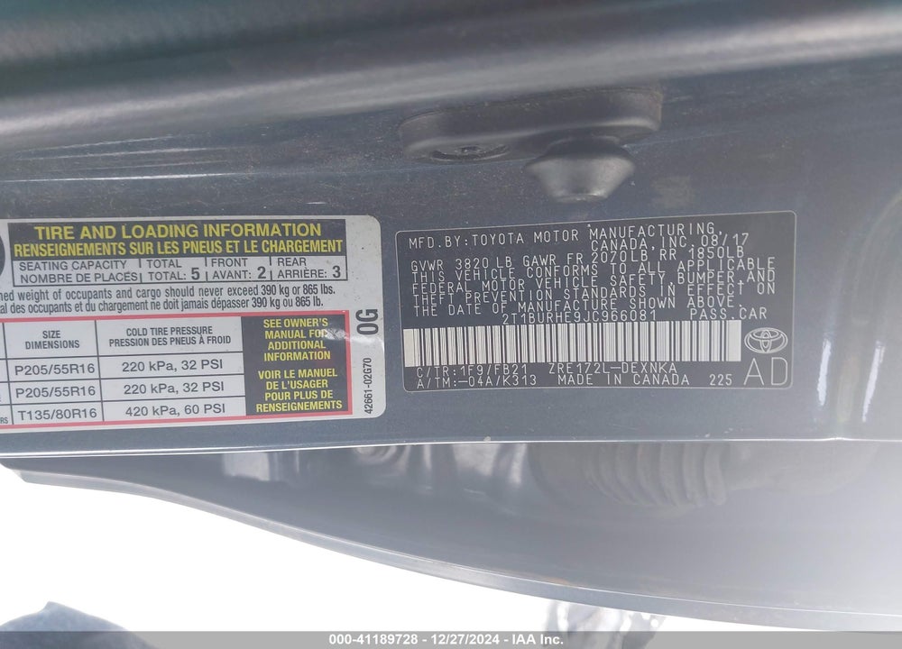 2018 TOYOTA COROLLA LE VIN: 2T1BURHE9JC966081
