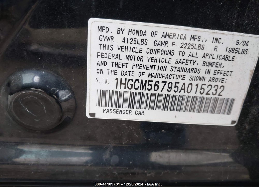 2005 HONDA ACCORD 2.4 EX VIN: 1HGCM56795A015232