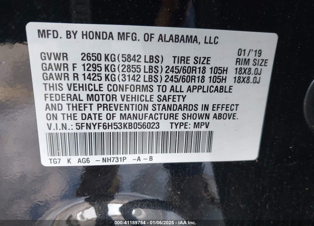 2019 HONDA PILOT EX-L VIN: 5FNYF6H53KB056023