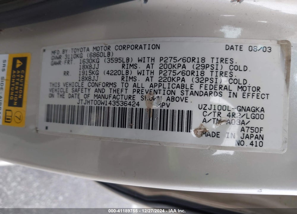 2004 LEXUS LX 470 VIN: JTJHT00W143536424
