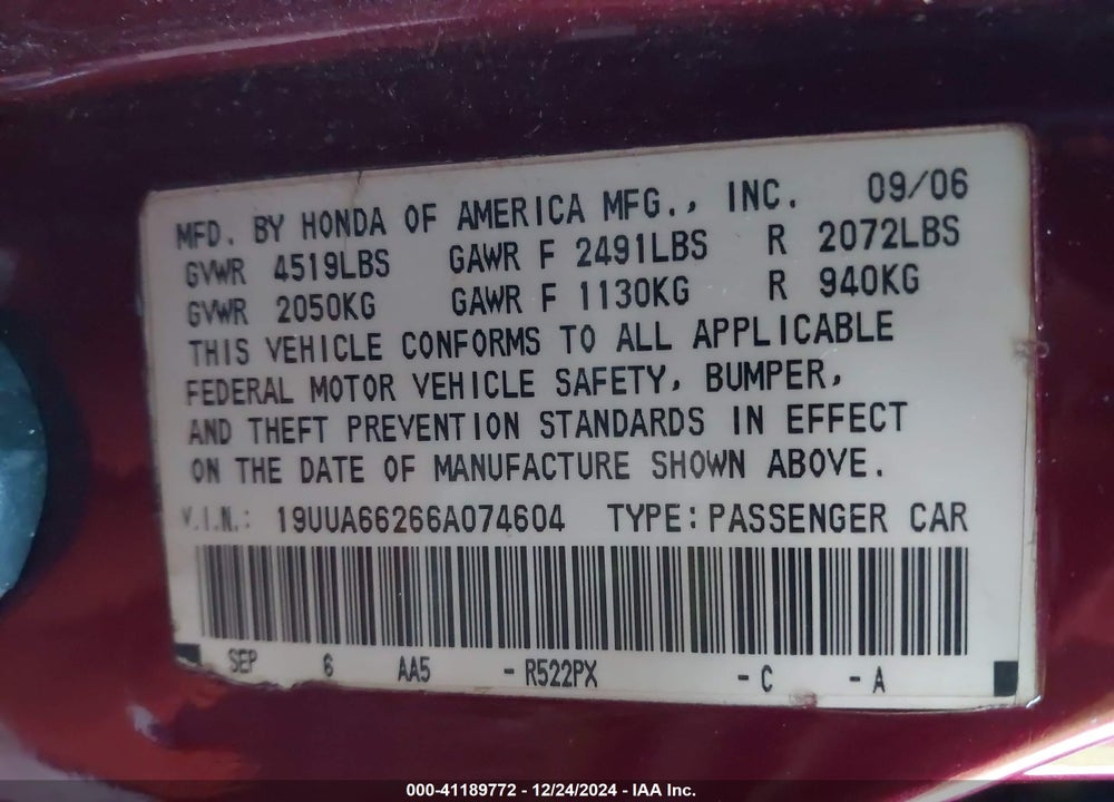 2006 ACURA TL VIN: 19UUA66266A074604