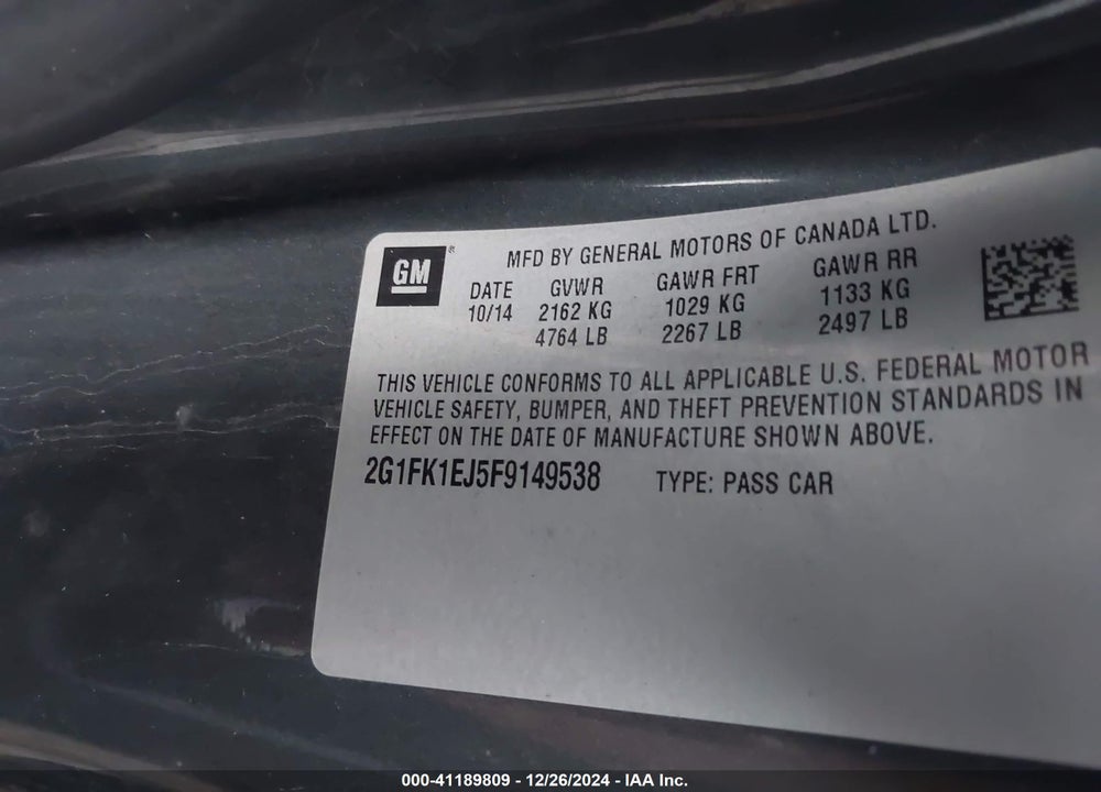 2015 CHEVROLET CAMARO VIN: 2G1FK1EJ5F9149538
