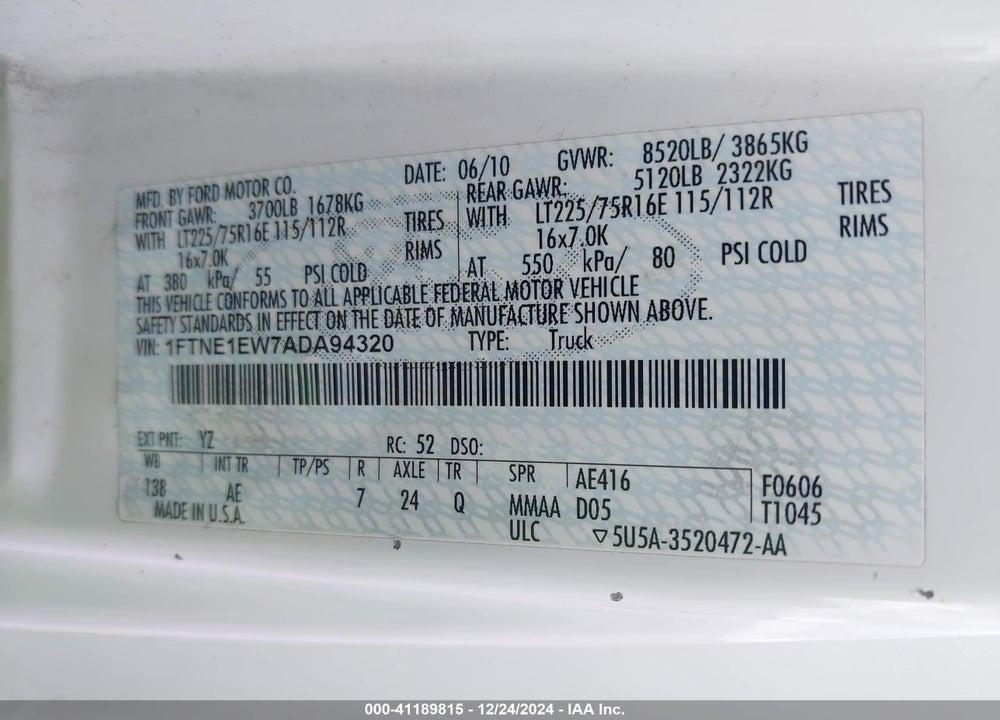 2010 FORD E-150 COMMERCIAL/RECREATIONAL VIN: 1FTNE1EW7ADA94320