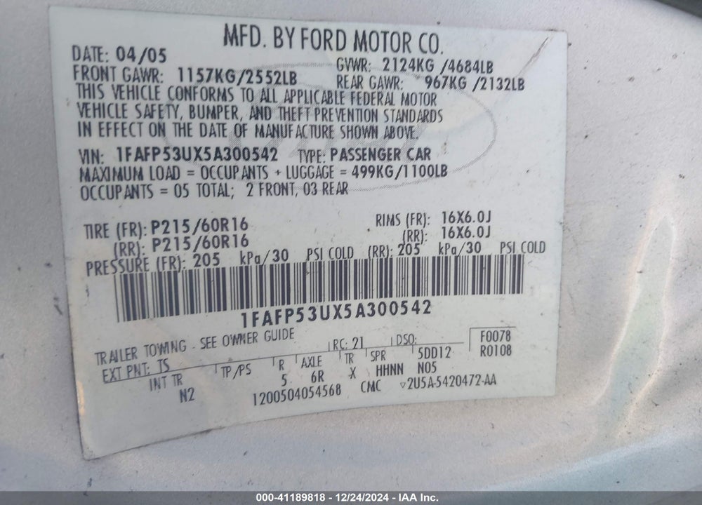 2005 FORD TAURUS SE VIN: 1FAFP53UX5A300542