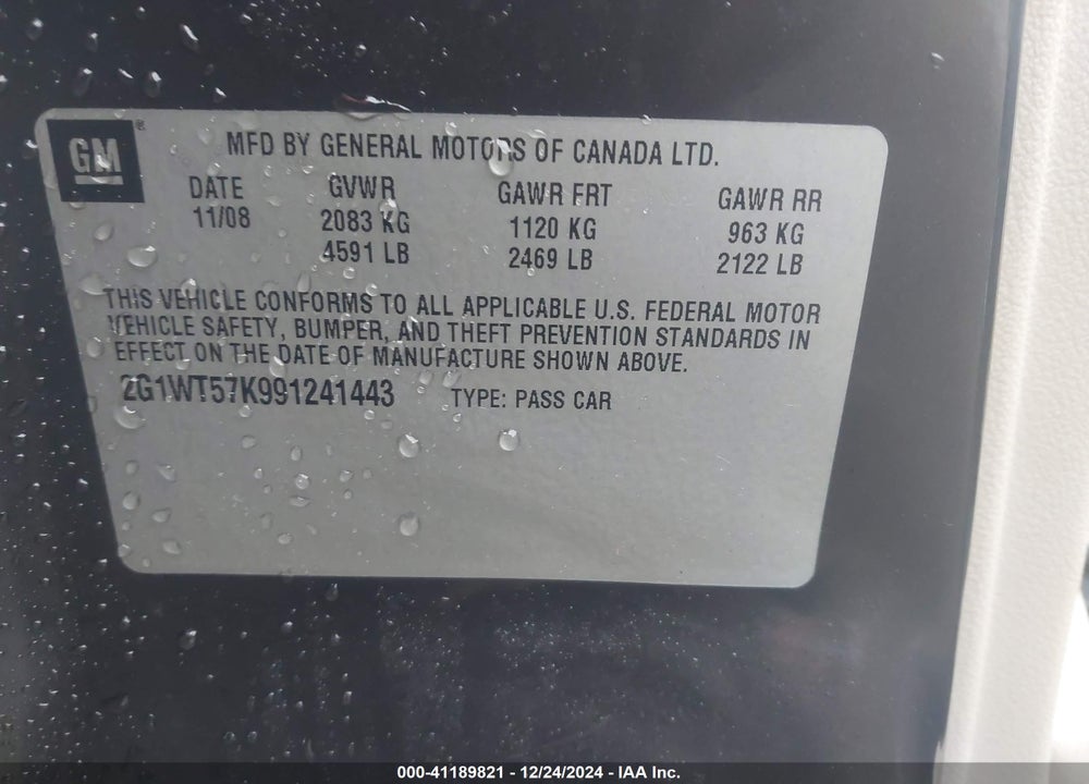 2009 CHEVROLET IMPALA LT VIN: 2G1WT57K991241443