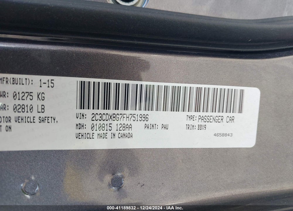 2015 DODGE CHARGER SE VIN: 2C3CDXBG7FH751996